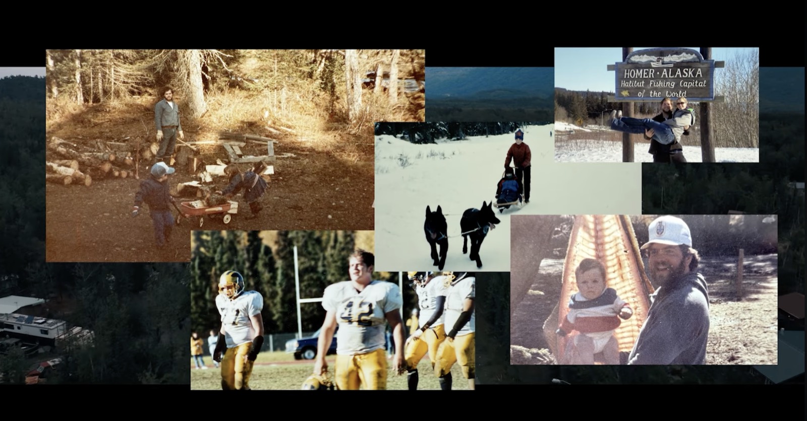 Family photographs from Adam Crum's childhood on the Kenai Peninsula: clearing land, the Homer Alaska sign, and high-school football